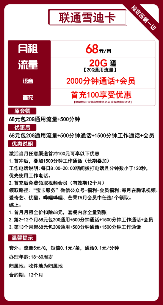 联通雪迪卡68元月租包20G流量+2000分钟-头部号卡