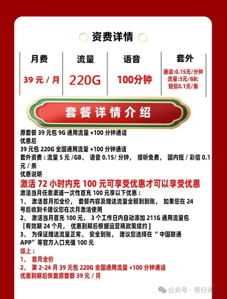 重庆联通市内卡 39元220G+100分钟（仅发重庆）-头部号卡