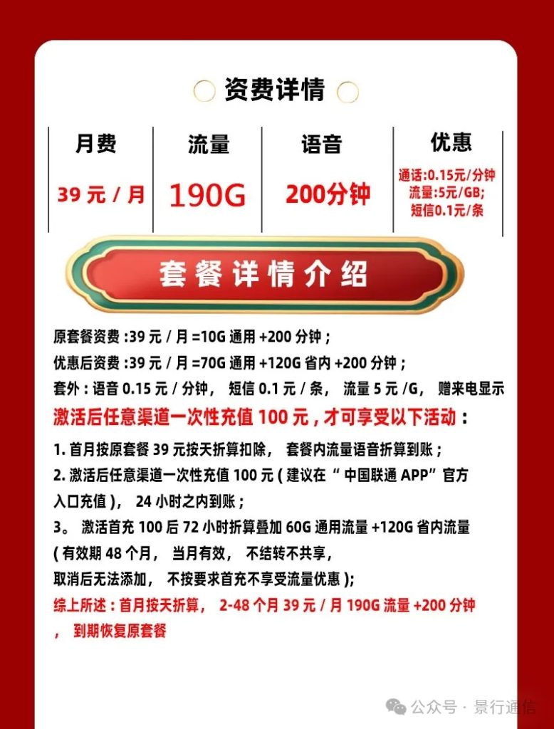 湖南联通省内卡 39元190G，200分钟通话（仅发湖南）-头部号卡