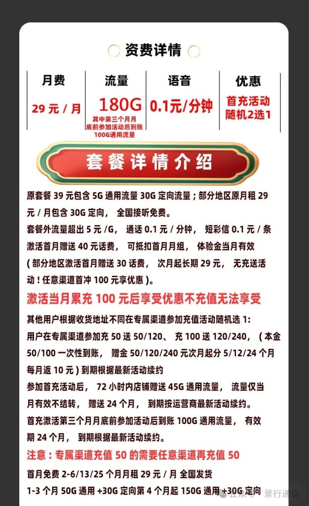 电信超优卡 29元180G（归属随机，禁发区域少）-头部号卡