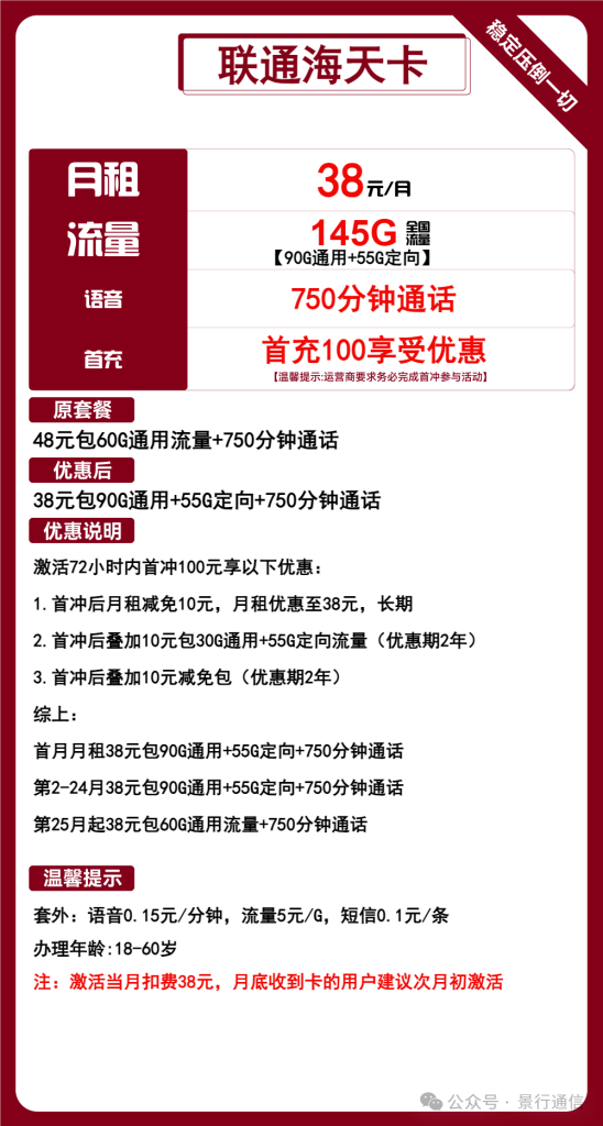 联通海天卡38元包90G通用+55G定向+750分钟通话-头部号卡