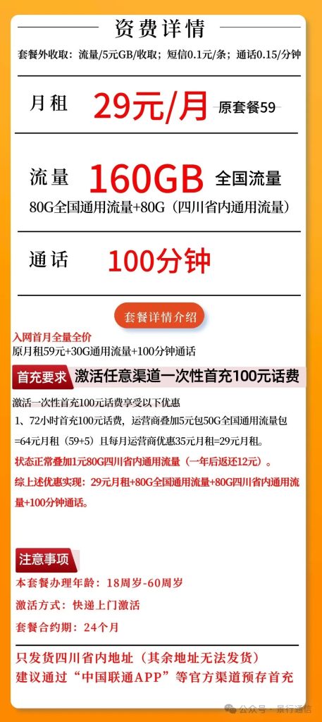 四川联通省内专属卡 29元160G+100分钟通话（仅发四川）-头部号卡
