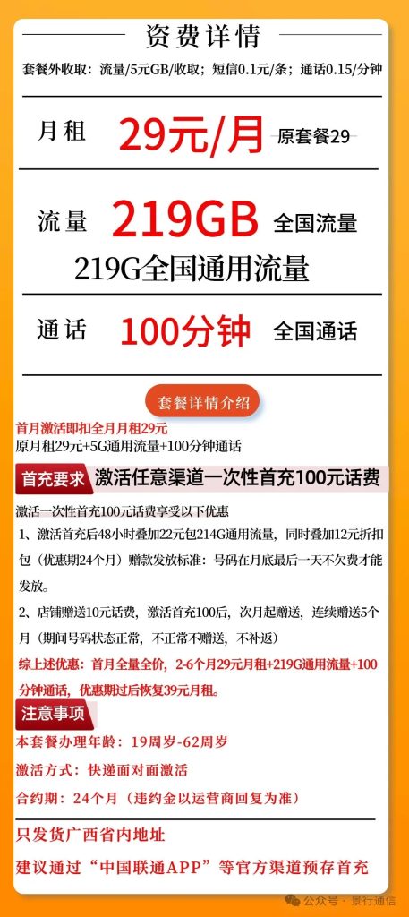 广西联通省内卡 29元219G+100分钟（仅发广西）-头部号卡